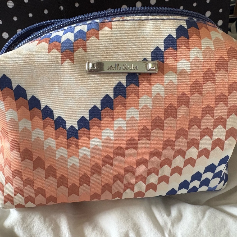 Stella & Dot Peach and Blue Chevron Cosmetic Bag